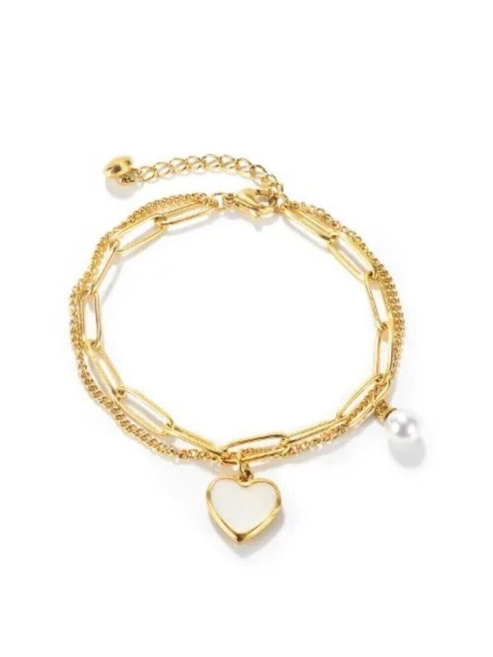 18k Gold Plated Layered Chain Bracelet | Heart Charm & Faux Pearl Inlay Accent